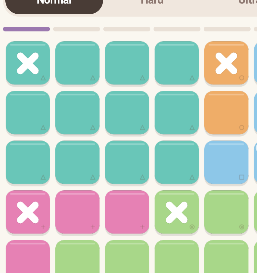 A six by six puzzle board with pastel garden colors, a placed bunny, and white X marks